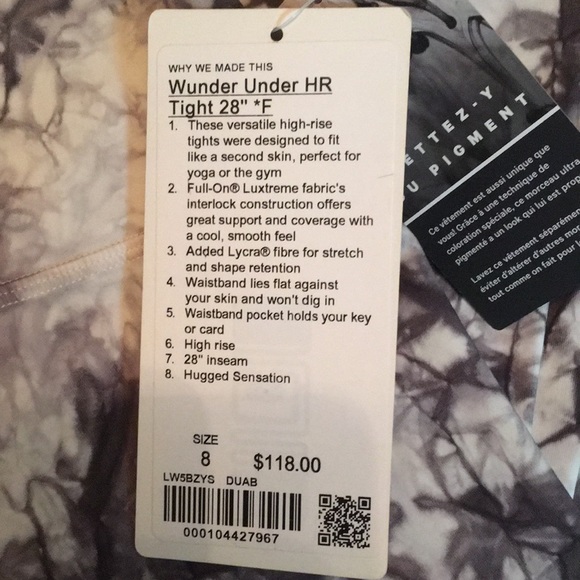 Lululemon to dye for leggings 8 wunder under hr tight 28” *F black white nwt - Picture 2 of 8